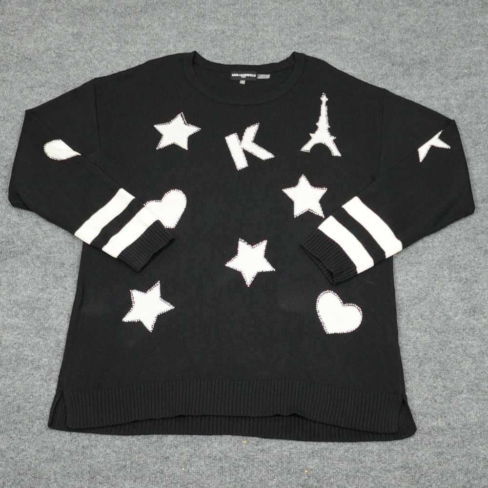 Karl Lagerfeld Paris Sweater Women XL Black Rhinestone Star Eiffel Tower Top